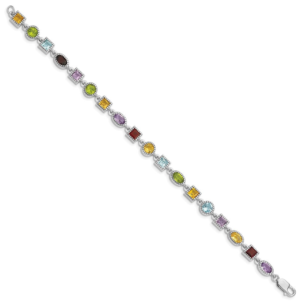 Sterling Silver 7inch Rhod Plated Rainbow Multi-gemstone Bracelet QX476RB