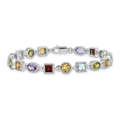 Sterling Silver 7inch Rhod Plated Rainbow Multi-gemstone Bracelet QX476RB
