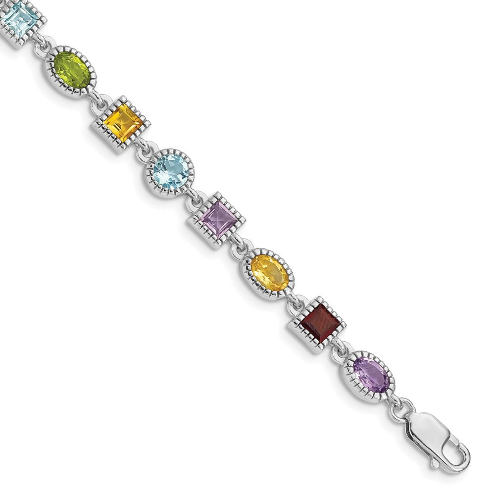 Sterling Silver 7inch Rhod Plated Rainbow Multi-gemstone Bracelet QX476RB