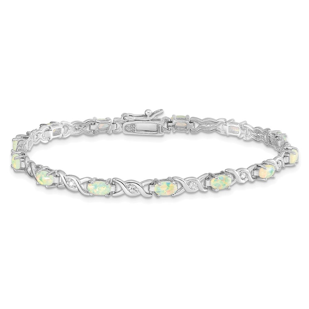 Sterling Silver 7.5inch Rhod-plated White Created Opal and CZ Bracelet QX519CP