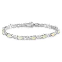 Sterling Silver 7.5inch Rhod-plated White Created Opal and CZ Bracelet QX519CP