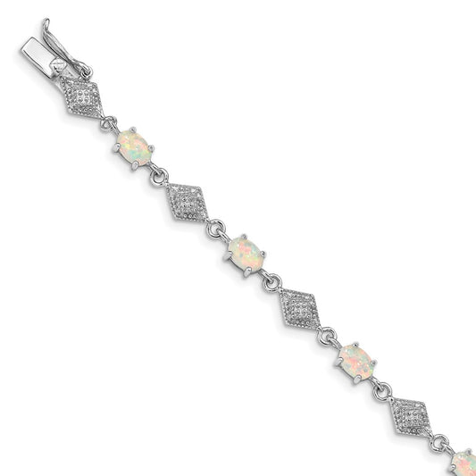 Sterling Silver Rhodium-plated White Created Opal and CZ Bracelet QX520CP