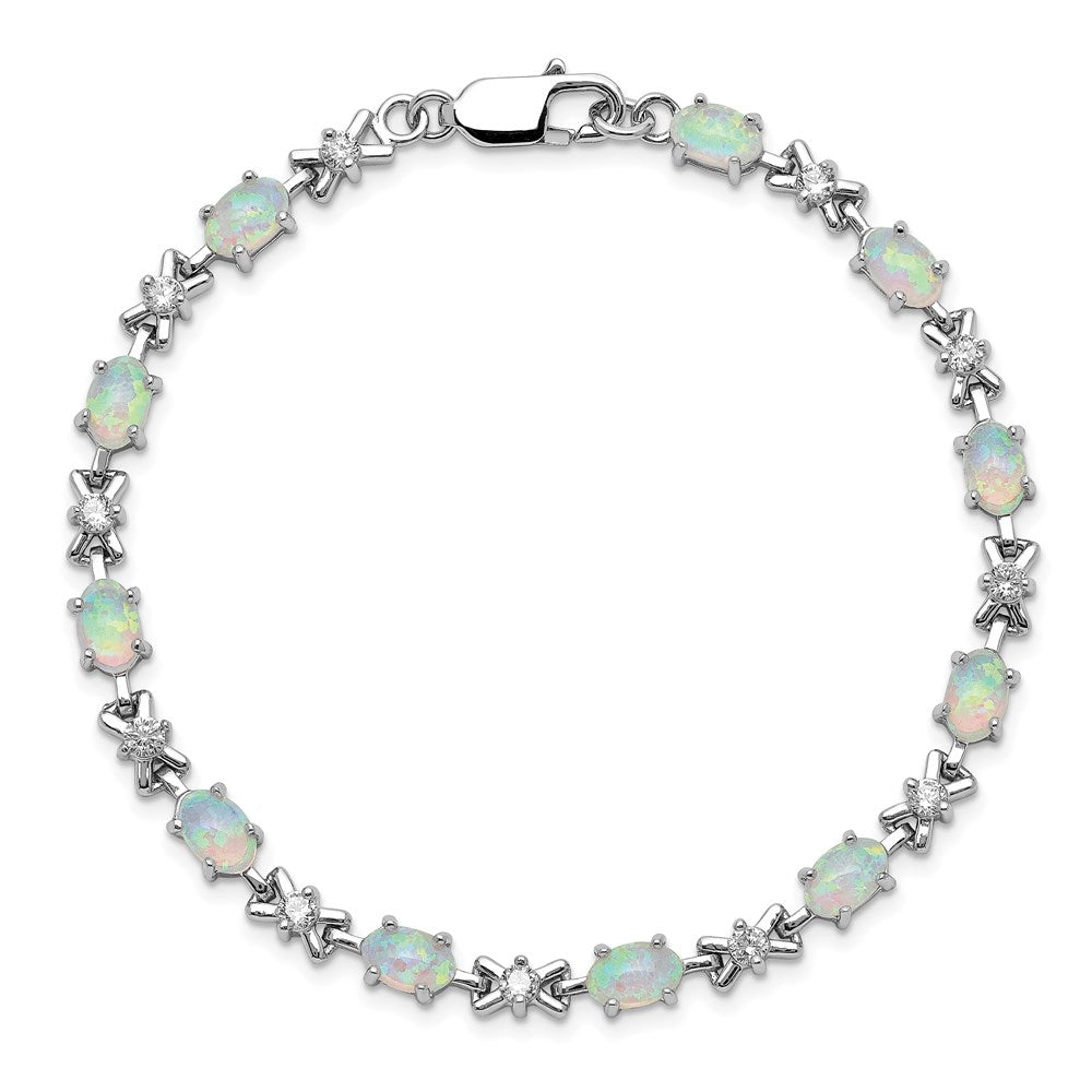 Sterling Silver Rhodium Plated 7inch CZ/Created Opal XO Bracelet QX521CP