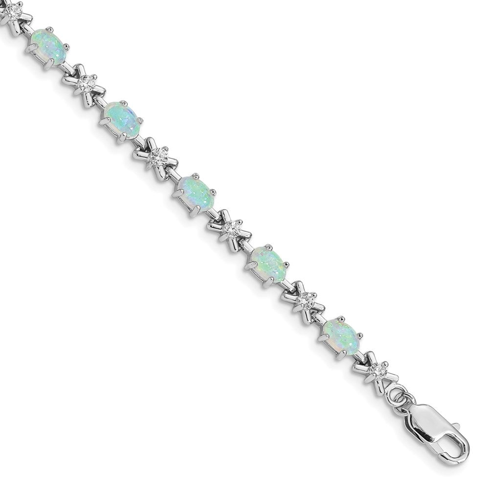 Sterling Silver Rhodium Plated 7inch CZ/Created Opal XO Bracelet QX521CP