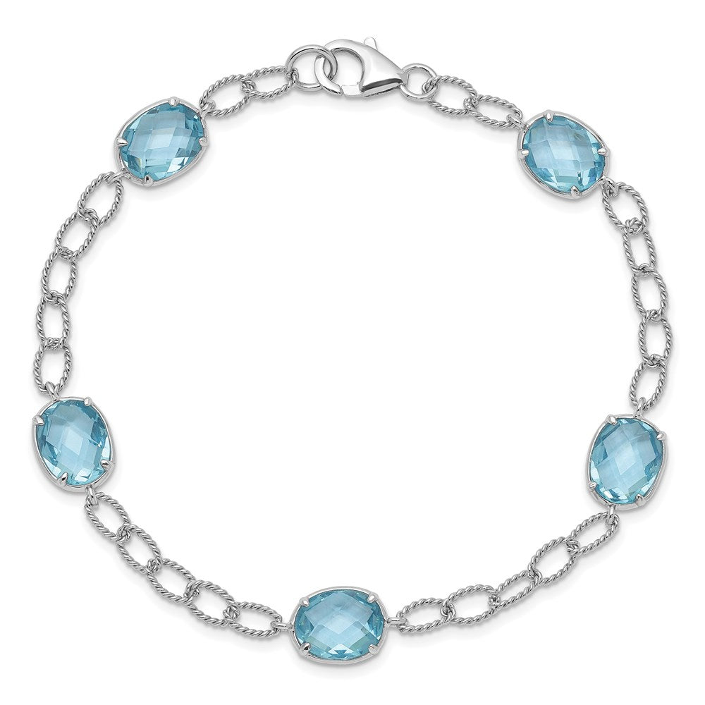 Sterling Silver Rhodium-plated Aqua Blue CZ Textured Link Bracelet QX605CZ