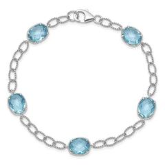 Sterling Silver Rhodium-plated Aqua Blue CZ Textured Link Bracelet QX605CZ