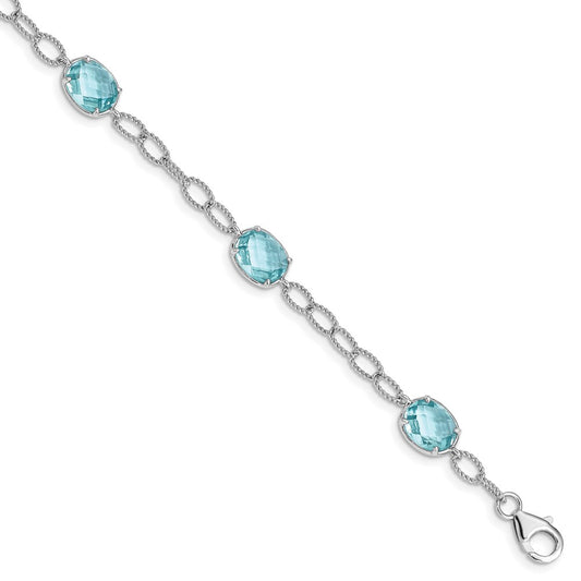 Sterling Silver Rhodium-plated Aqua Blue CZ Textured Link Bracelet QX605CZ