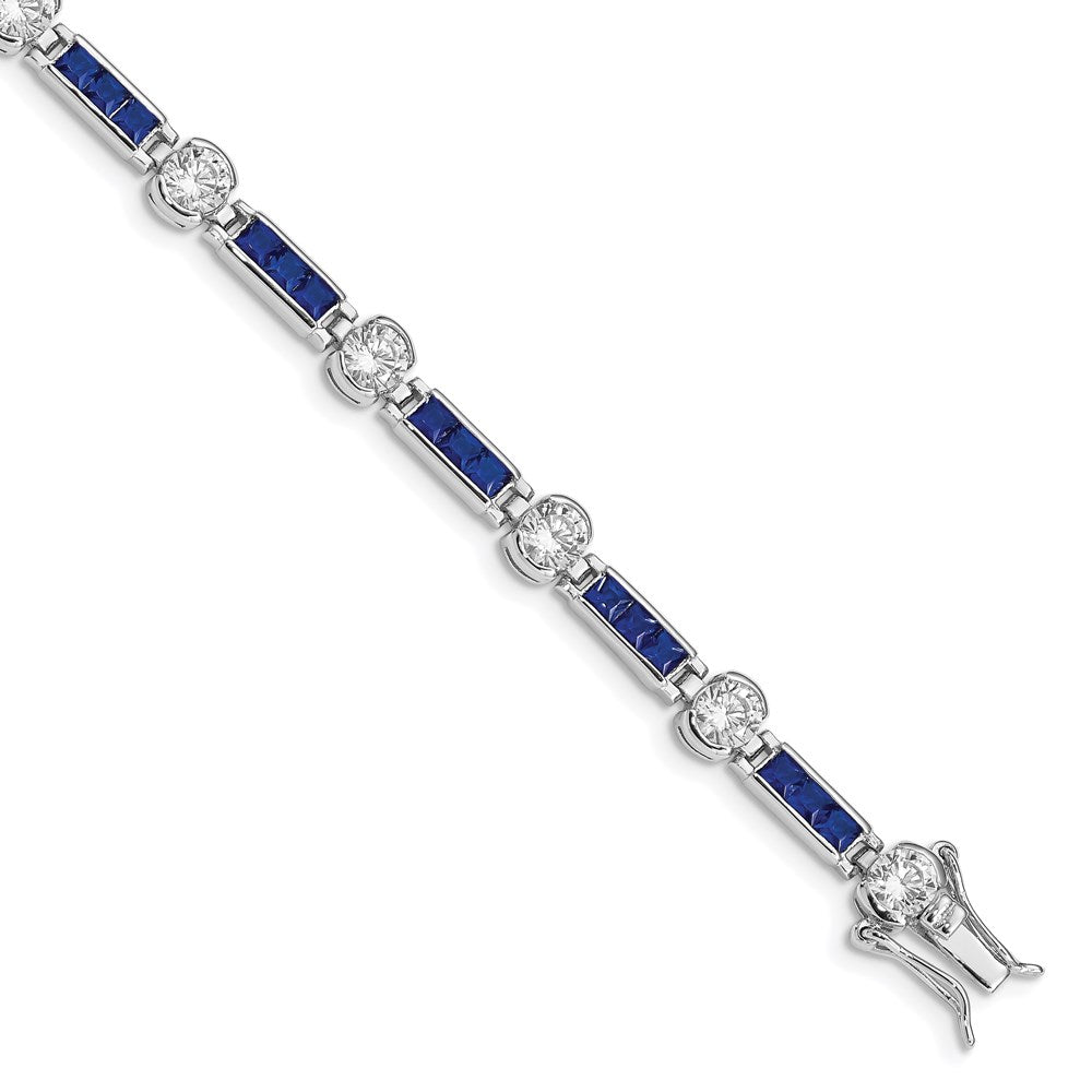 Sterling Silver Rhodium-plated Blue Glass and CZ 7.25 inch Bracelet QX631CZ