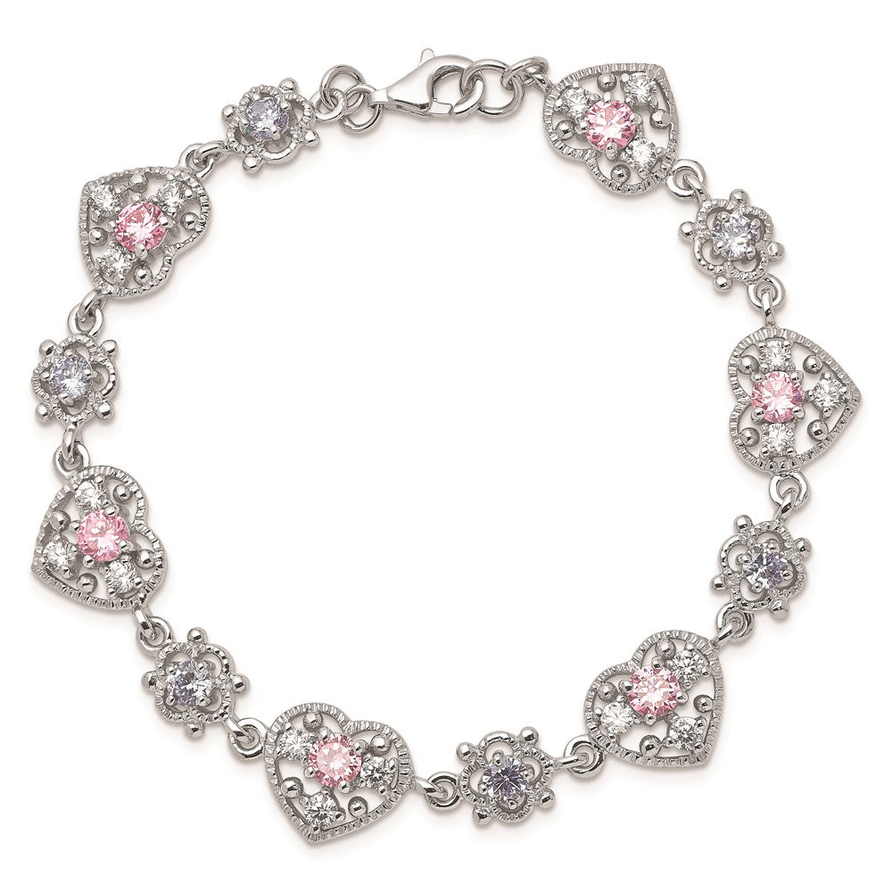 Sterling Silver Rhod-plated 7inch Pink and Clear CZ Heart Bracelet QX638CZ