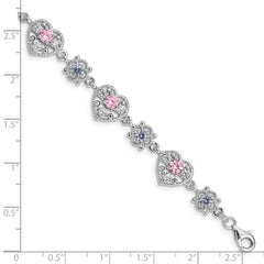 Sterling Silver Rhod-plated 7inch Pink and Clear CZ Heart Bracelet QX638CZ