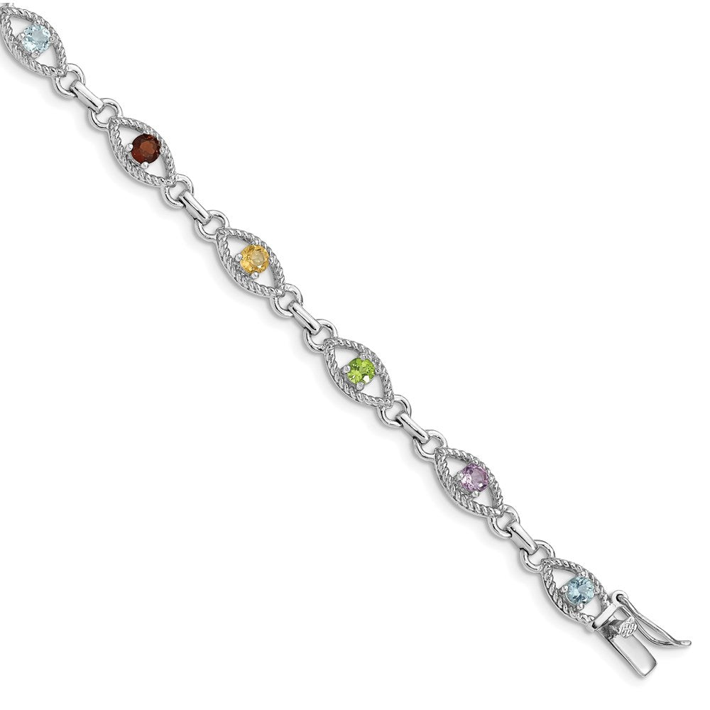 Sterling Silver 7in Rhod Plated Multicolored Gemstone Link Bracelet QX802RB