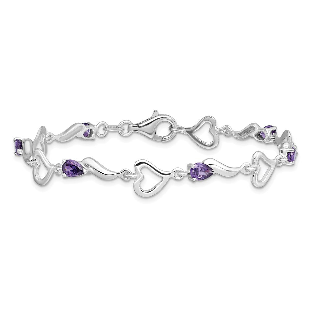 Sterling Silver Rhodium-plated Amethyst Polished Fancy Heart Bracelet QX809AM