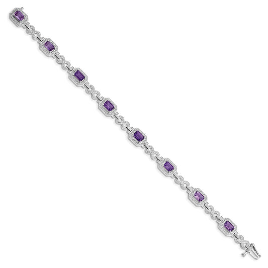 Sterling Silver Rhodium-plated Diamond & Amethyst Bracelet QX818AM
