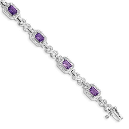 Sterling Silver Rhodium-plated Diamond & Amethyst Bracelet QX818AM