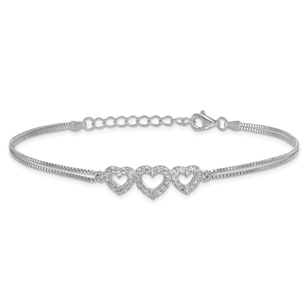 Sterling Silver Rhodium-plated Polished Three Linked CZ Open Hearts 7 inch Bracelet with 1 inch extension QX923CZ