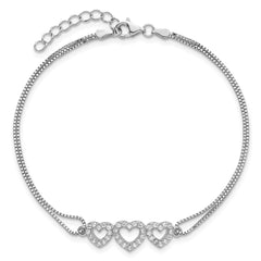 Sterling Silver Rhodium-plated Polished Three Linked CZ Open Hearts 7 inch Bracelet with 1 inch extension QX923CZ