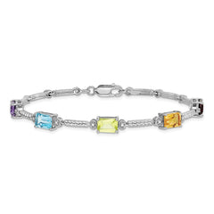 Sterling Silver Rhodium-plated Multi Gemstone & Diamond Tennis Bracelet QX947RB