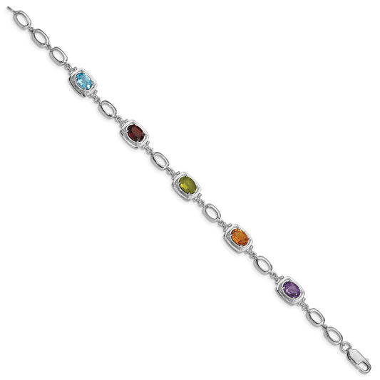 Sterling Silver Rhodium-plated Multi Gemstone Link Bracelet QX948RB