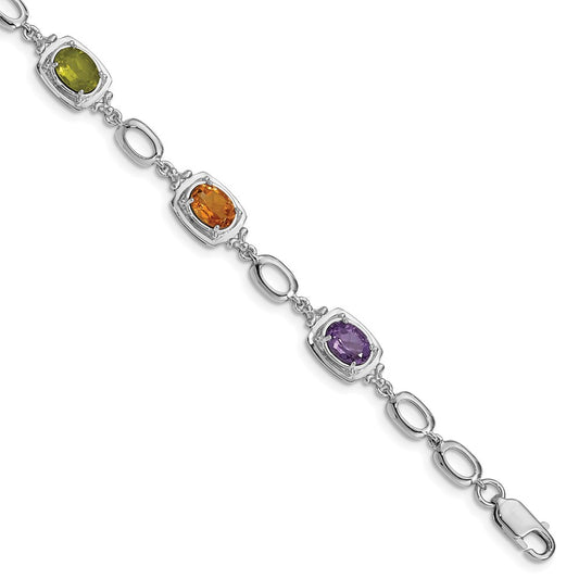 Sterling Silver Rhodium-plated Multi Gemstone Link Bracelet QX948RB
