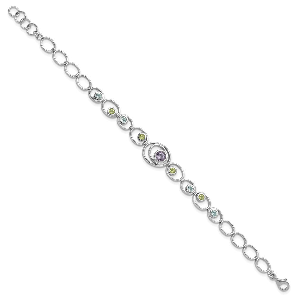 Sterling Silver Rhodium-plated w/Peridot, Blue Topaz &Amethyst Bracelet QX950RB
