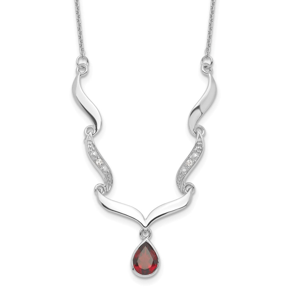 Sterling Silver Rhodium-plated w/Garnet & White Topaz w/2in. ext. Necklace QX954GA