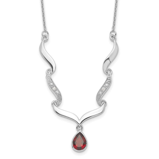 Sterling Silver Rhodium-plated w/Garnet & White Topaz w/2in. ext. Necklace QX954GA
