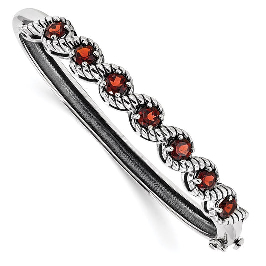 Sterling Silver Rhodium-plated Garnet Hinged Bangle QX985GA