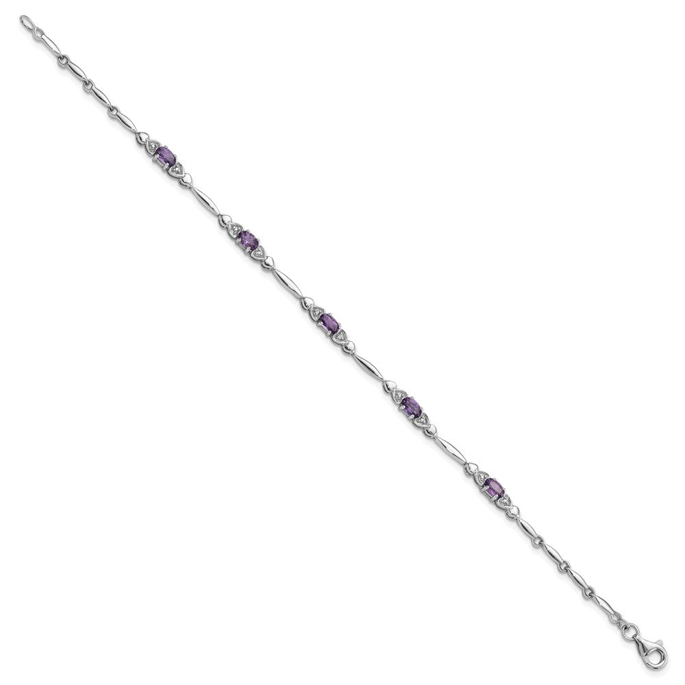 SS Rhodium-plated Amethyst and Diamond Heart 7.5in Bracelet QX995AM