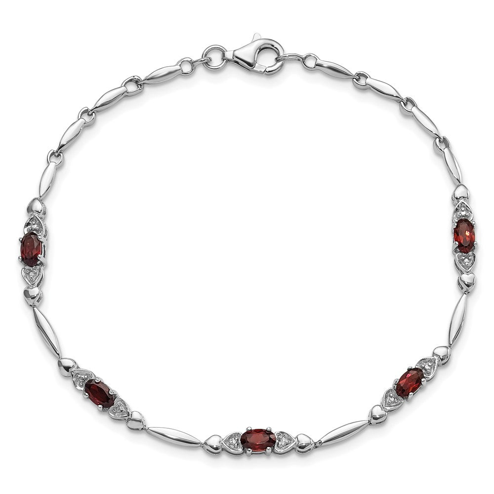 Sterling Silver Rhodium-plated Garnet and Diamond Heart 7.5in Bracelet QX995GA