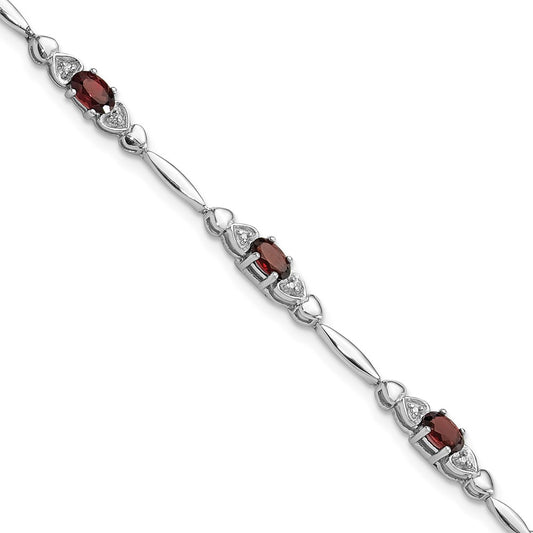 Sterling Silver Rhodium-plated Garnet and Diamond Heart 7.5in Bracelet QX995GA