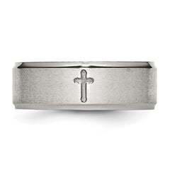Chisel Stainless Steel Brushed and Polished Cross 8mm Ridged Edge Band