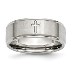 Chisel Stainless Steel Brushed and Polished Cross 8mm Ridged Edge Band