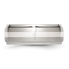 Chisel Stainless Steel Sterling Silver Inlay Brushed and Polished 8mm Ridged Edge Band
