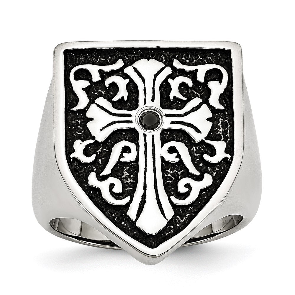 Chisel Stainless Steel Antiqued and Polished 1/20 Carat Black Diamond Shield Ring