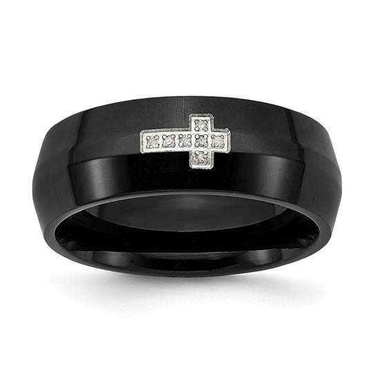 Chisel Stainless Steel Polished Black IP-plated 2pt Diamond Cross 8mm Band