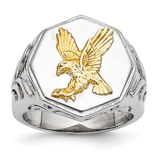Chisel Stainless Steel Polished Yellow IP-plated with Sterling Silver Eagle Ring