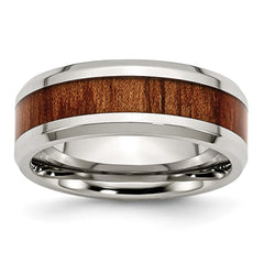 Chisel Stainless Steel Polished Red/Orange Koa Wood Enameled 8mm Band
