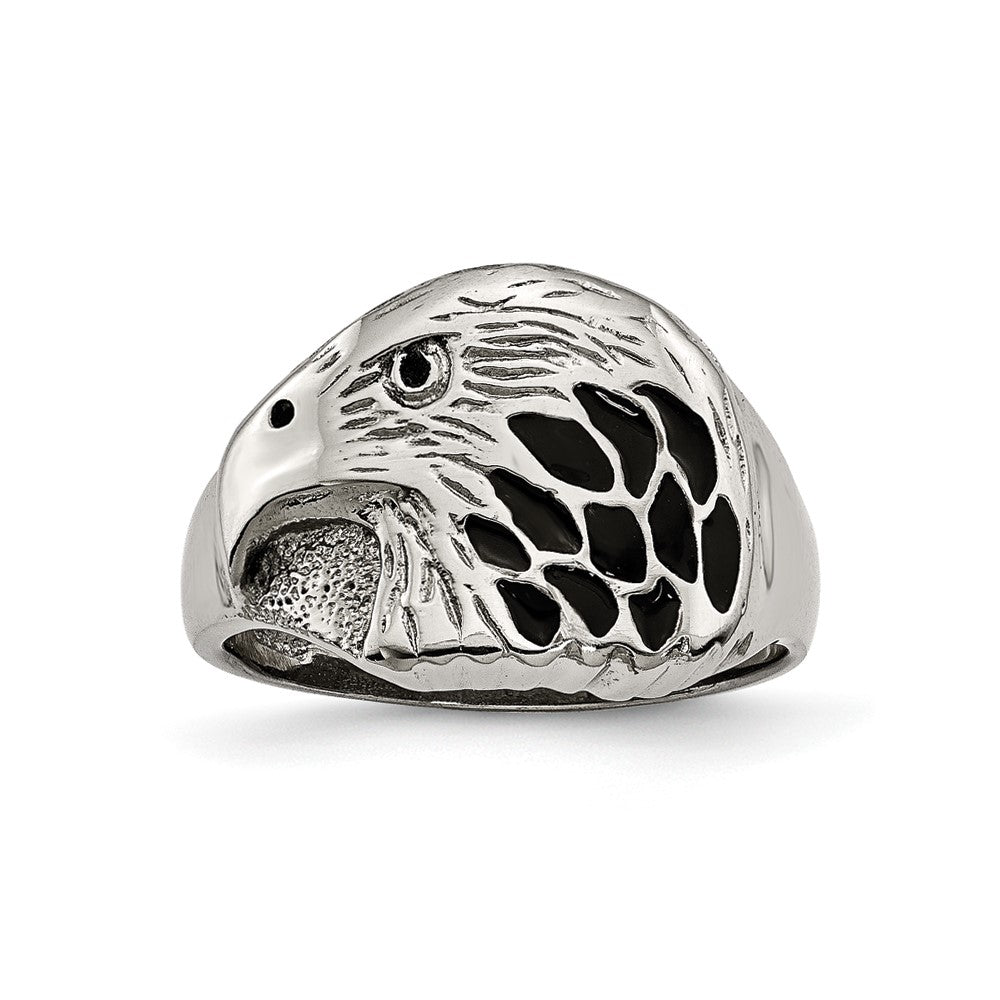 Chisel Stainless Steel Polished and Textured Black Enameled Eagle Ring