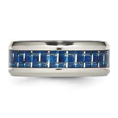 Chisel Stainless Steel Polished with Blue Carbon Fiber Inlay 8mm Beveled Edge Band