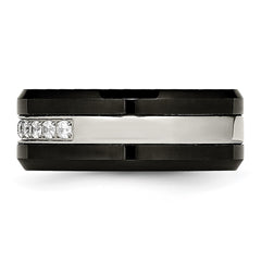Chisel Stainless Steel Polished Black Ceramic with CZ Beveled Edge Ring
