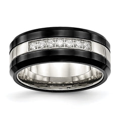 Chisel Stainless Steel Polished Black Ceramic with CZ Beveled Edge Ring