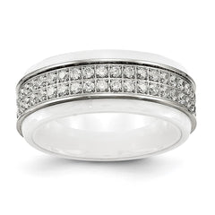 Chisel Stainless Steel Polished White Ceramic CZ Ridged Edge Ring