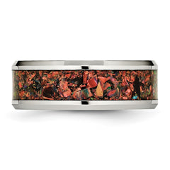 Chisel Stainless Steel Polished with Red Imitation Opal Inlay 8mm Band