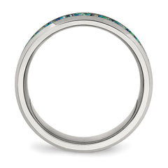 Chisel Stainless Steel Polished with Blue Imitation Opal Inlay 8mm Band