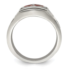 Chisel Stainless Steel Antiqued and Polished with Red Enamel Cross and Shield Ring