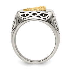 Chisel Stainless Steel with 14k Gold Accent Antiqued and Polished Eagle Ring
