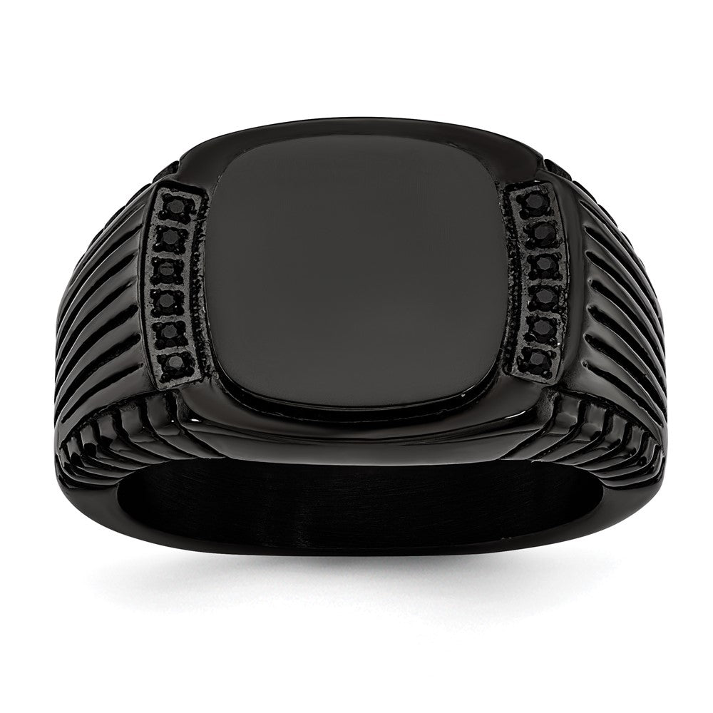 Chisel Stainless Steel Polished Black IP-plated with Black CZ Signet Ring