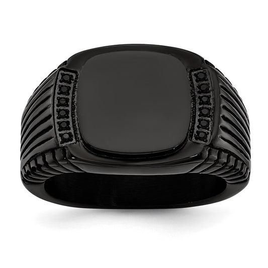 Chisel Stainless Steel Polished Black IP-plated with Black CZ Signet Ring
