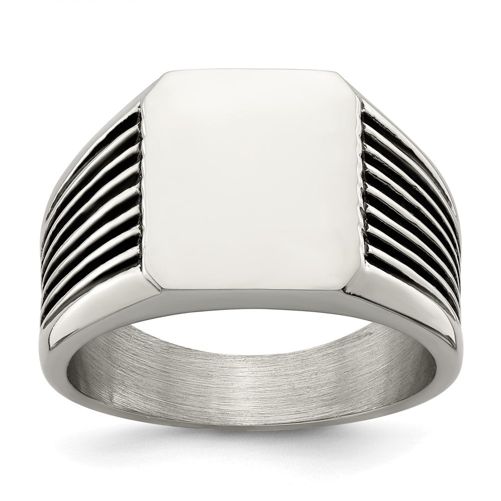 Chisel Stainless Steel Polished with Black Enamel Signet Ring