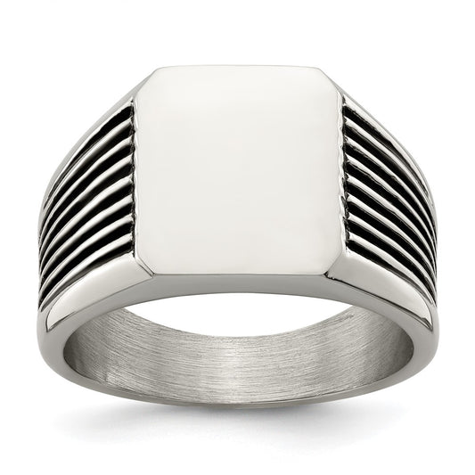 Chisel Stainless Steel Polished with Black Enamel Signet Ring
